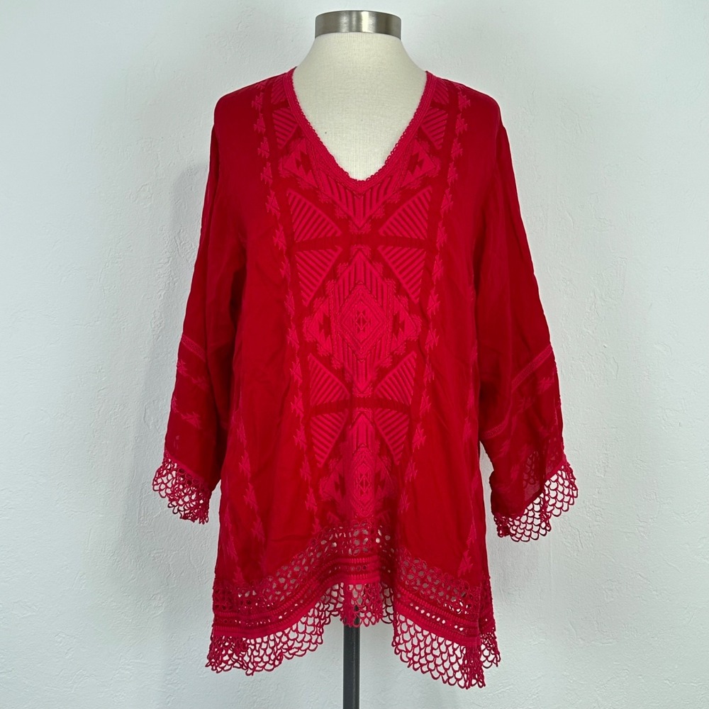Johnny Was Womens Renee Boho Tunic Size Large Red Geometric Embroidered Lace Hem